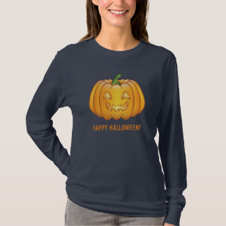 Orange Cartoon Pumpkin And Happy Halloween Text T-Shirt
