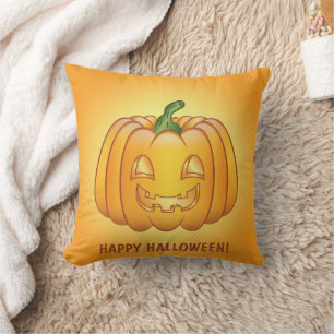 Orange Cartoon Pumpkin And Happy Halloween Text Throw Pillow