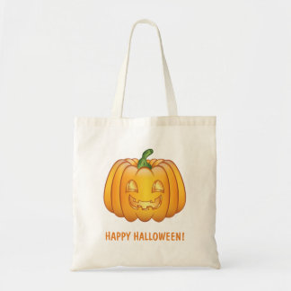 Orange Cartoon Pumpkin And Happy Halloween Text Tote Bag