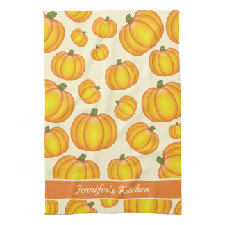 Orange Cartoon Pumpkin Pattern And Custom Text Kitchen Towel
