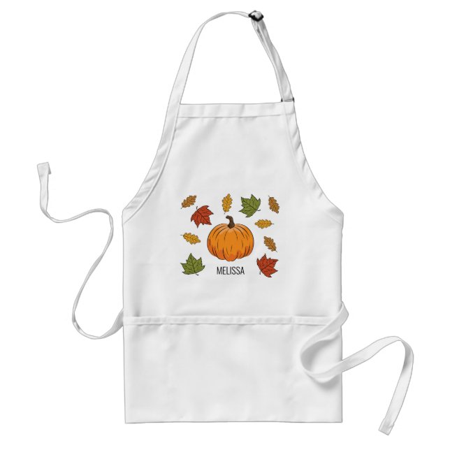 Orange Cartoon Pumpkin With Autumn Leaves & Name Adult Apron (Front)