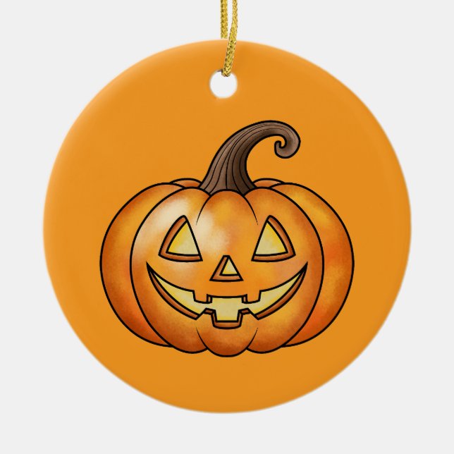 Orange Cartoon Pumpkin With Custom Text Halloween Ceramic Ornament (Front)