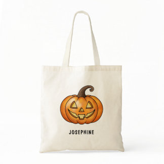 Orange Cartoon Pumpkin With Name Halloween Tote Bag