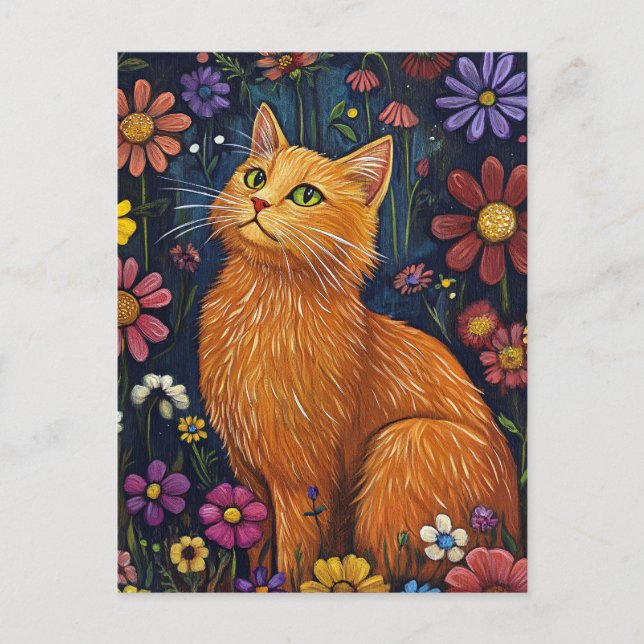 Orange Cat Amid Colorful Blossoms Postcard (Front)