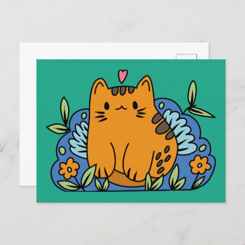 Orange Cat amidst Lush Garden with Vibrant Flowers Postcard