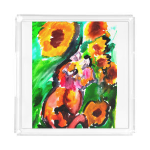 Orange Cat and sunflowers Acrylic Tray