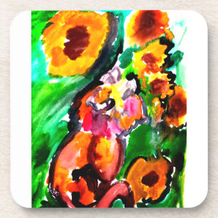 Orange Cat and sunflowers Beverage Coaster