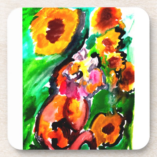 Orange Cat and sunflowers  Beverage Coaster (Front)