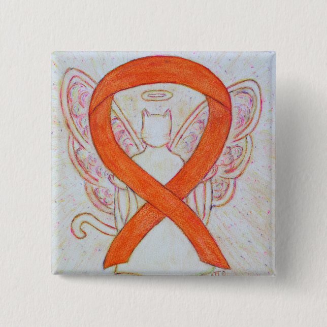 Orange Cat Angel Awareness Ribbon Custom Art Pins (Front)
