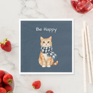Orange Cat Blue White Scarf Be Happy Napkins