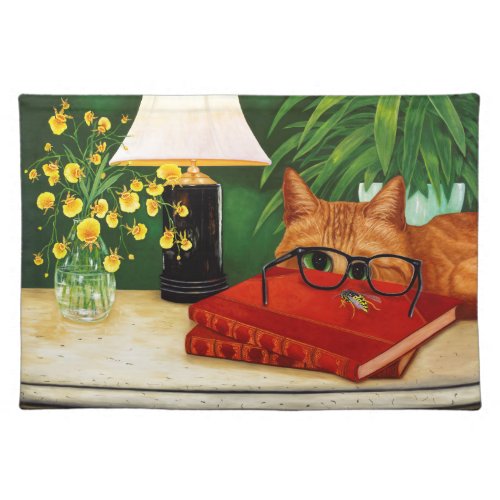 Orange Cat Book Bee and Orchids Cloth Placemat