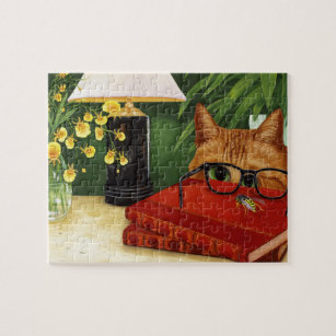 Orange Cat, Book, Bee and Orchids Jigsaw Puzzle