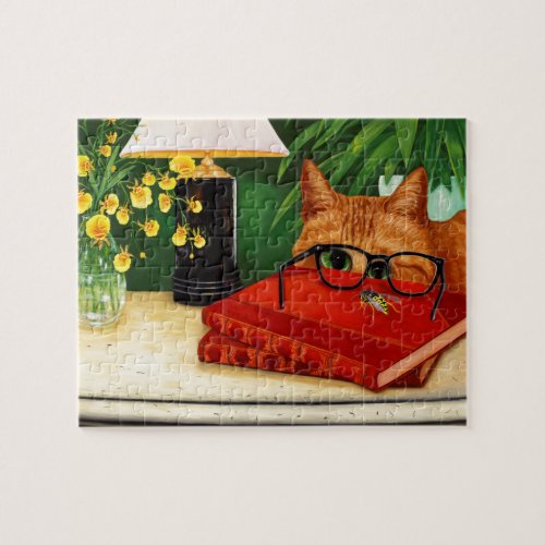 Orange Cat Book Bee and Orchids Jigsaw Puzzle