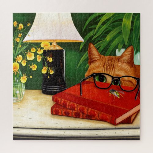 Orange Cat Book Bee and Orchids Jigsaw Puzzle
