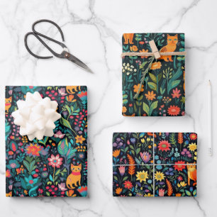 Orange Cat Botanical Wrapping Paper Sheets