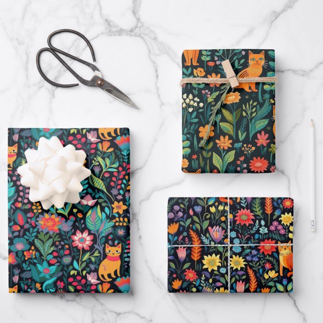 Orange Cat Botanical Wrapping Paper Sheets (Front)