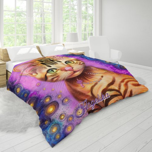 Orange Cat Bright Pink Starry Night Custom Name Duvet Cover