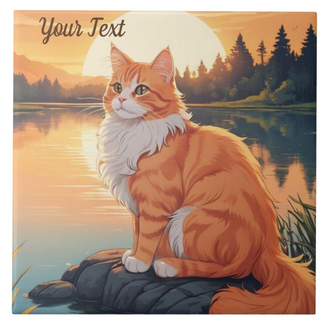 Orange Cat by Lake Ceramic Tile (Front)