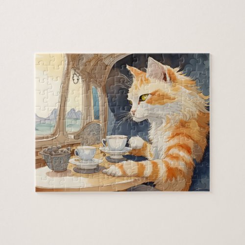 Orange Cat Drinking Tea  Jigsaw Puzzle