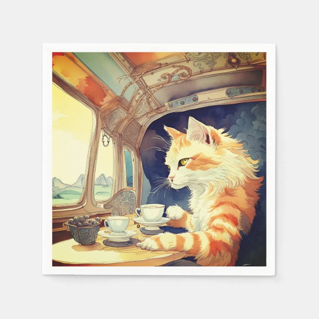 Orange Cat Drinking Tea  Napkins (Front)