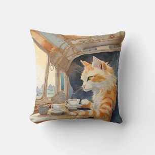 Orange Cat Drinking Tea Throw Pillow