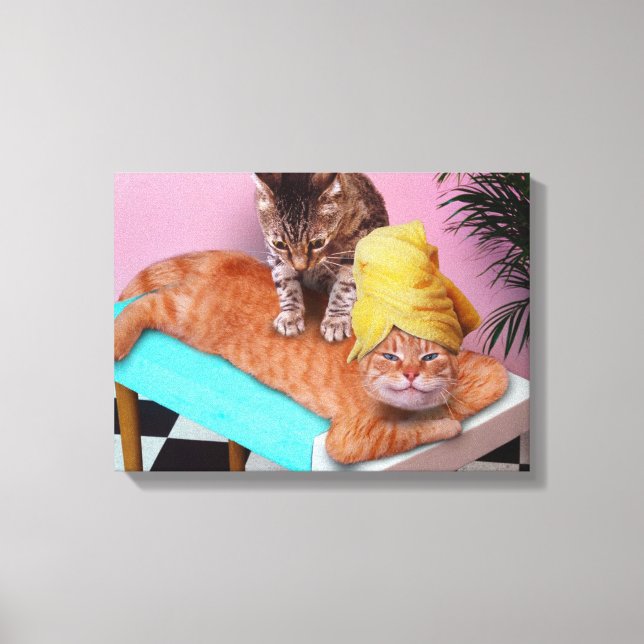 Orange cat enjoying a massage by a cat canvas print (Front)