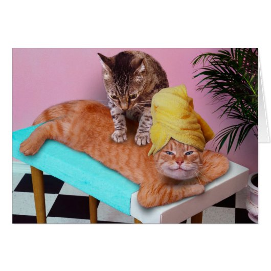 Orange cat enjoying a massage by a cat cards (Front Horizontal)