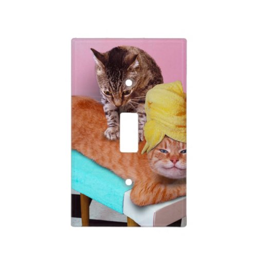 Orange cat enjoying a massage by a cat light switch cover