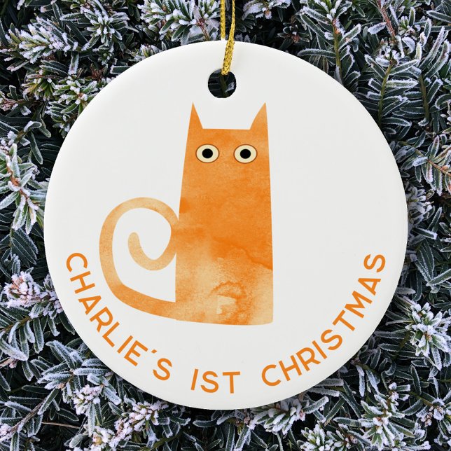 Orange Cat First Christmas Personalized Ceramic Ornament (Fun watercolor orange ginger cat personalized first 1st Christmas ceramic ornament)