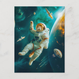 Orange cat floating in space with debris holiday postcard