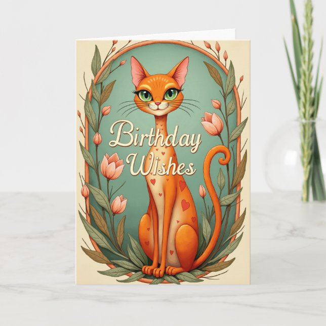 Orange Cat Floral Birthday Card (Front)