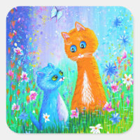 Orange Cat Flowers Creationarts Square Sticker