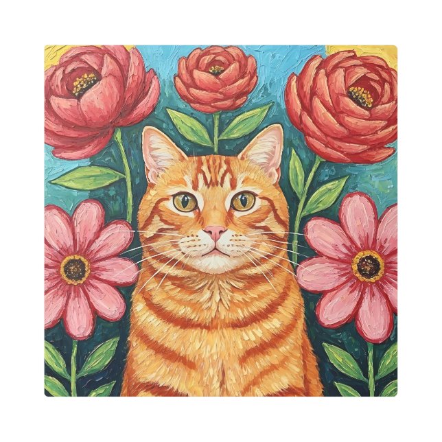 Orange Cat Folk Art Flowers (Front)