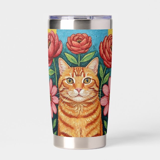 Orange Cat Folk Art Flowers Insulated Tumbler (Front)