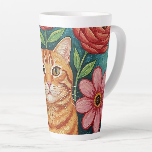 Orange Cat Folk Art Flowers Latte Mug (Right Angle)