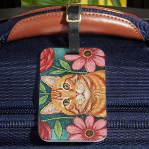 Orange Cat Folk Art Flowers Luggage Tag