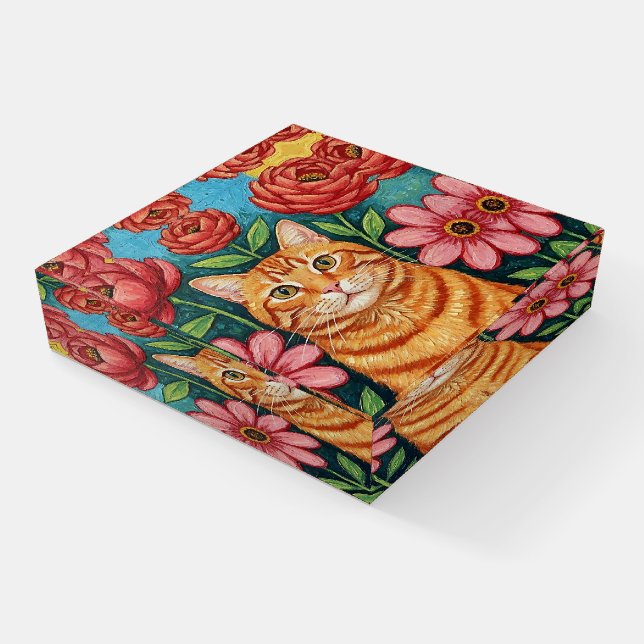 Orange Cat Folk Art Flowers Paperweight (Angled)