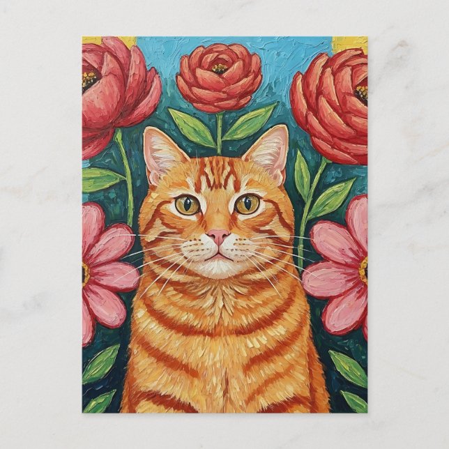 Orange Cat Folk Art Flowers Postcard (Front)