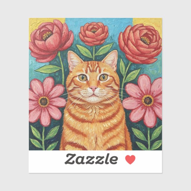 Orange Cat Folk Art Flowers Sticker (Sheet)