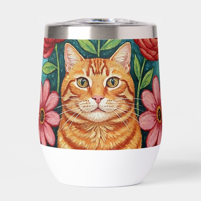 Orange Cat Folk Art Flowers Thermal Wine Tumbler (Front)