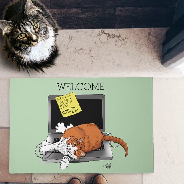 Orange Cat Funny Laptop Green Work Home Doormat (Creator Uploaded)