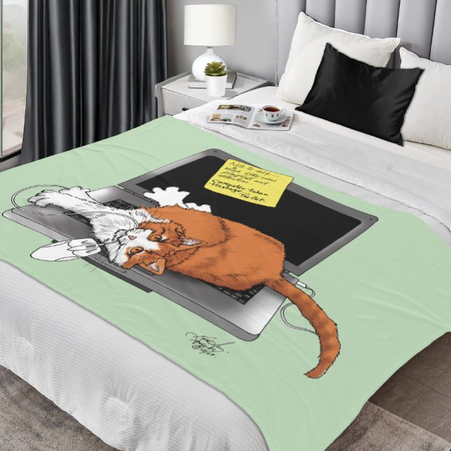 Orange Cat Funny Laptop Green Work Home Fleece Blanket (Creator Uploaded)