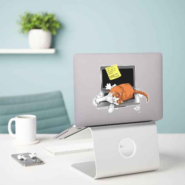 Orange Cat Funny Laptop Green Work Home Sticker (Laptop On Desk)