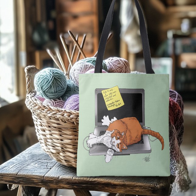 Orange Cat Funny Laptop Green Work Home Tote Bag (Creator Uploaded)