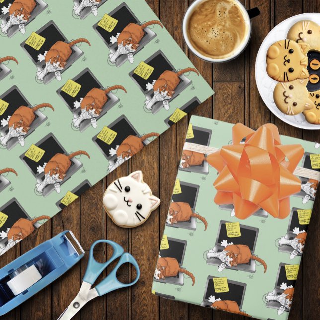 Orange Cat Funny Laptop Green Work Home Wrapping Paper (Creator Uploaded)