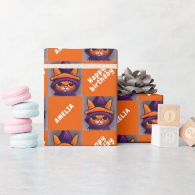 Orange Cat Happy Birthday Kids Birthday Wrapping Paper