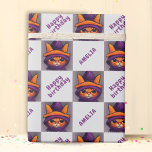 Orange Cat Happy Birthday Kids Birthday Wrapping Paper<br><div class="desc">Orange Cat Happy Birthday Kids Birthday Wrapping Paper. A drawing of a cute orange cat with a purple and orange hat. Add your name.</div>