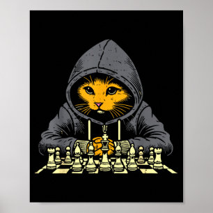 Orange Cat Hoodie Playing Chess Game Cool Women Me Poster