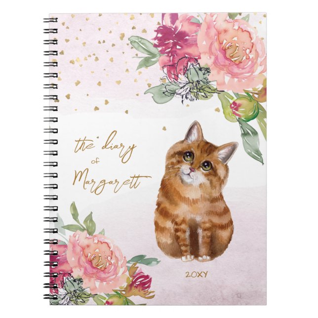  Orange Cat Illustration Flowers Girl Daily Diary Notebook (Front)