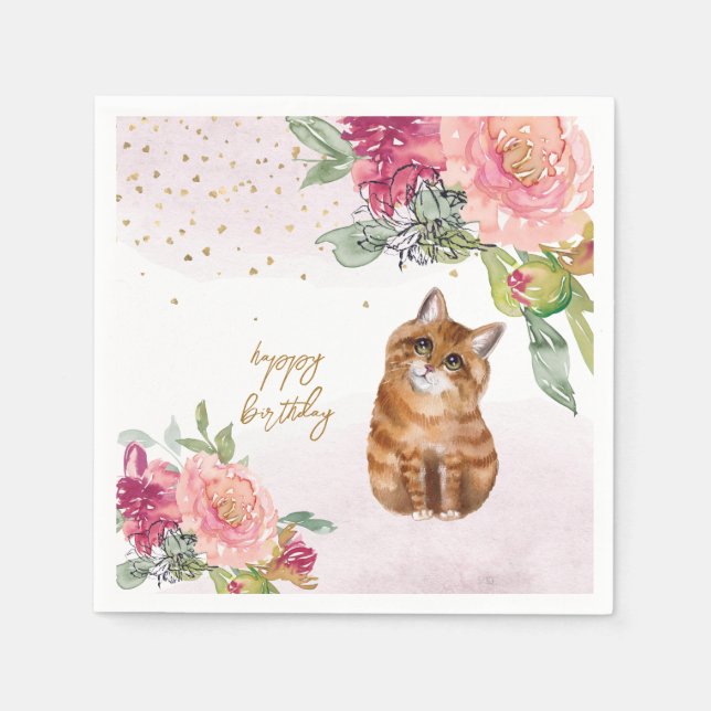  Orange Cat Illustration Happy Birthday Girl Party Napkins (Front)